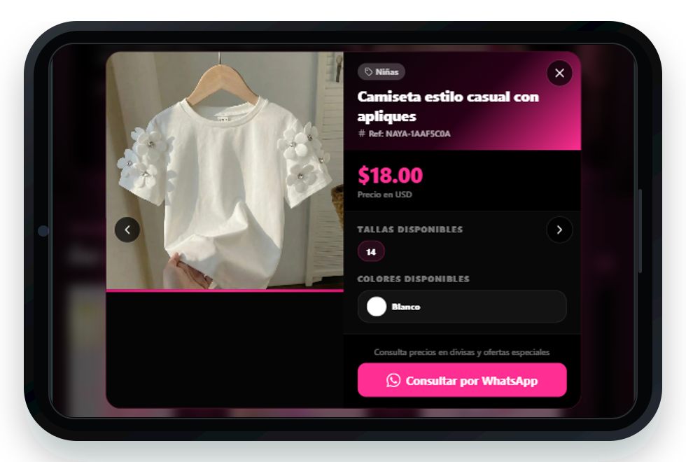 Vista del cliente en telefono horizontal con producto BY NAYA